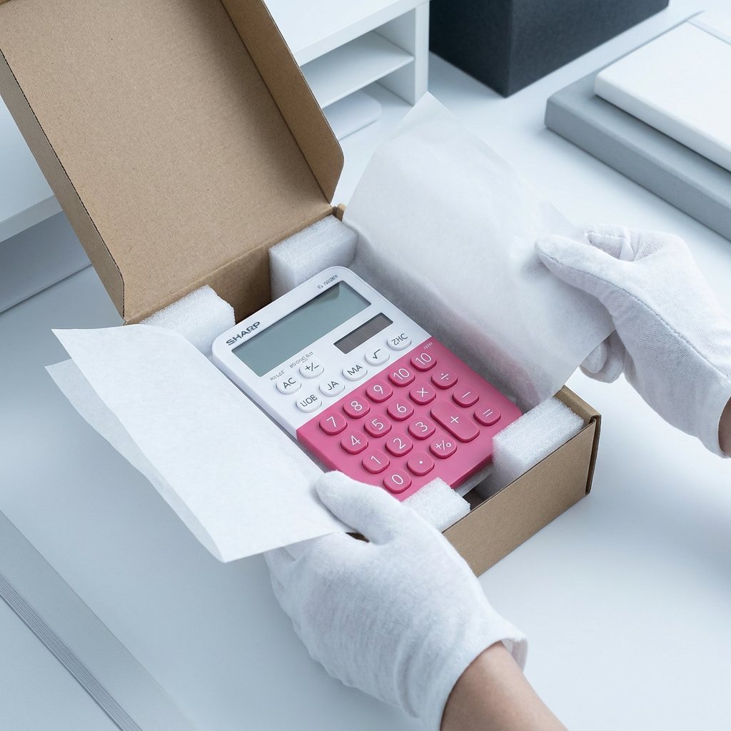 Gloved hands carefully unbox the SHARP EL-760RB-PK pink and white calculator from a protective shipping box with foam and paper.