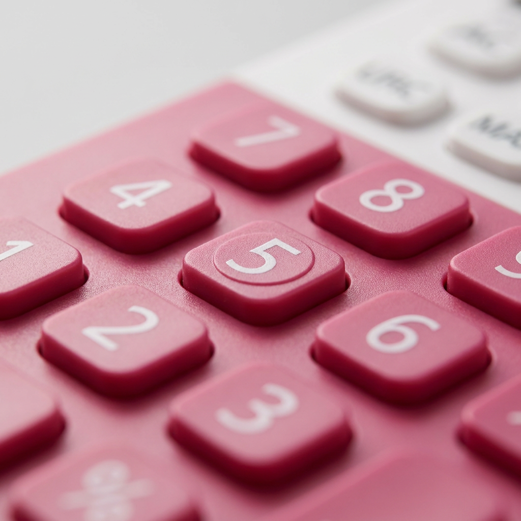 A macro photograph showing the texture and clear printing of the raspberry pink and white keys on the Sharp EL760RBPK calculator.
