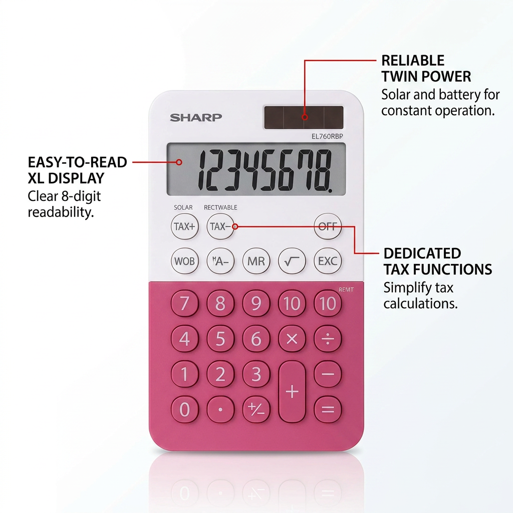Sharp EL760RBPK raspberry calculator with operational feature callouts for XL display, twin power, and tax functions.