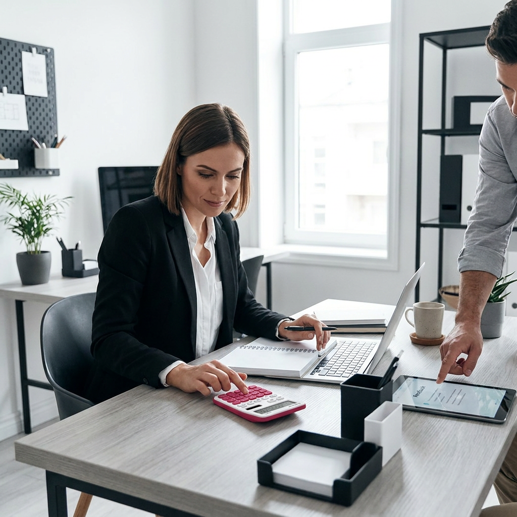 A woman and a man collaborate in a modern, sunlit office with a minimalist design. She uses the raspberry SHARP EL760RBPK calculator on her desk, which features black and white desk accessories, a laptop, and a tablet. The aesthetic is professional and clean.