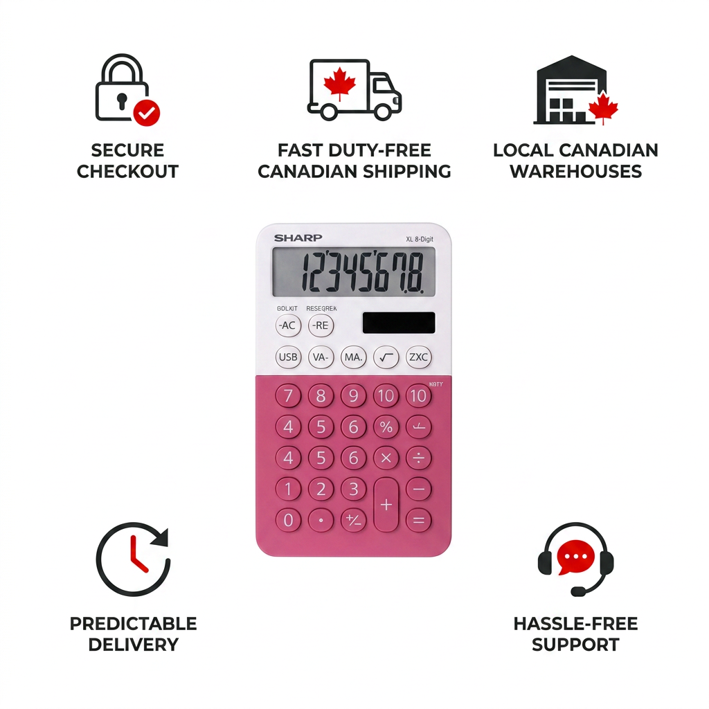 A clean, white and black trust infographic for the SHARP EL760RBPK calculator (raspberry and white), with five sections surrounding the central product: "SECURE CHECKOUT" with a padlock, "FAST DUTY-FREE CANADIAN SHIPPING" with a maple leaf truck, "LOCAL CANADIAN WAREHOUSES" with a maple leaf warehouse, "PREDICTABLE DELIVERY" with a clock, and "HASSLE-FREE SUPPORT" with a headset, all following the Reseller Shopify Brand Guide.