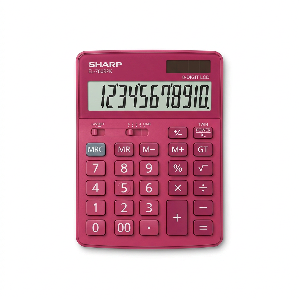 Sharp EL-760RPK 8-Digit Twin Power Desktop Calculator in Stylish Raspberry Pink, shown on a pure white background.