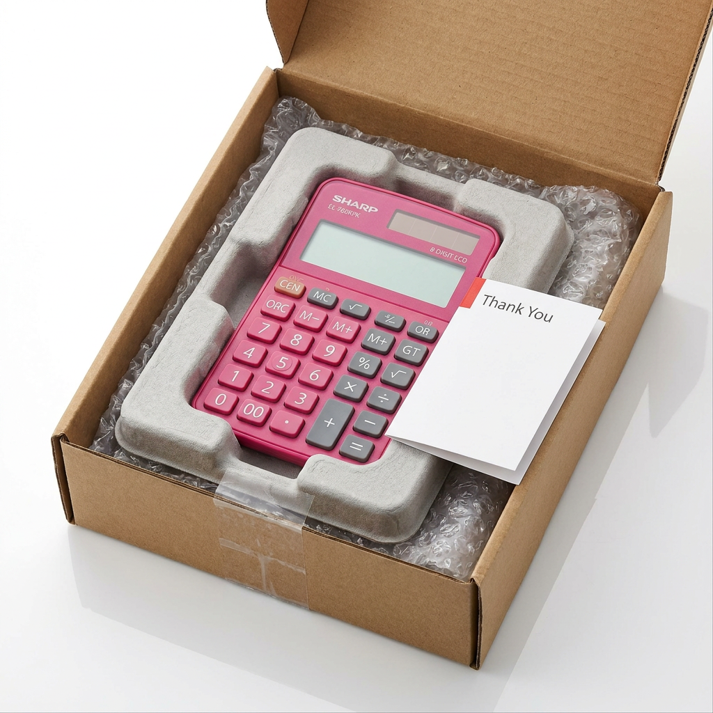 A top-down view of an open cardboard box showing a Sharp EL-760RPK calculator in a gray molded insert, cushioning bubble wrap, and a "Thank You" card. The entire scene is on a clean white background.