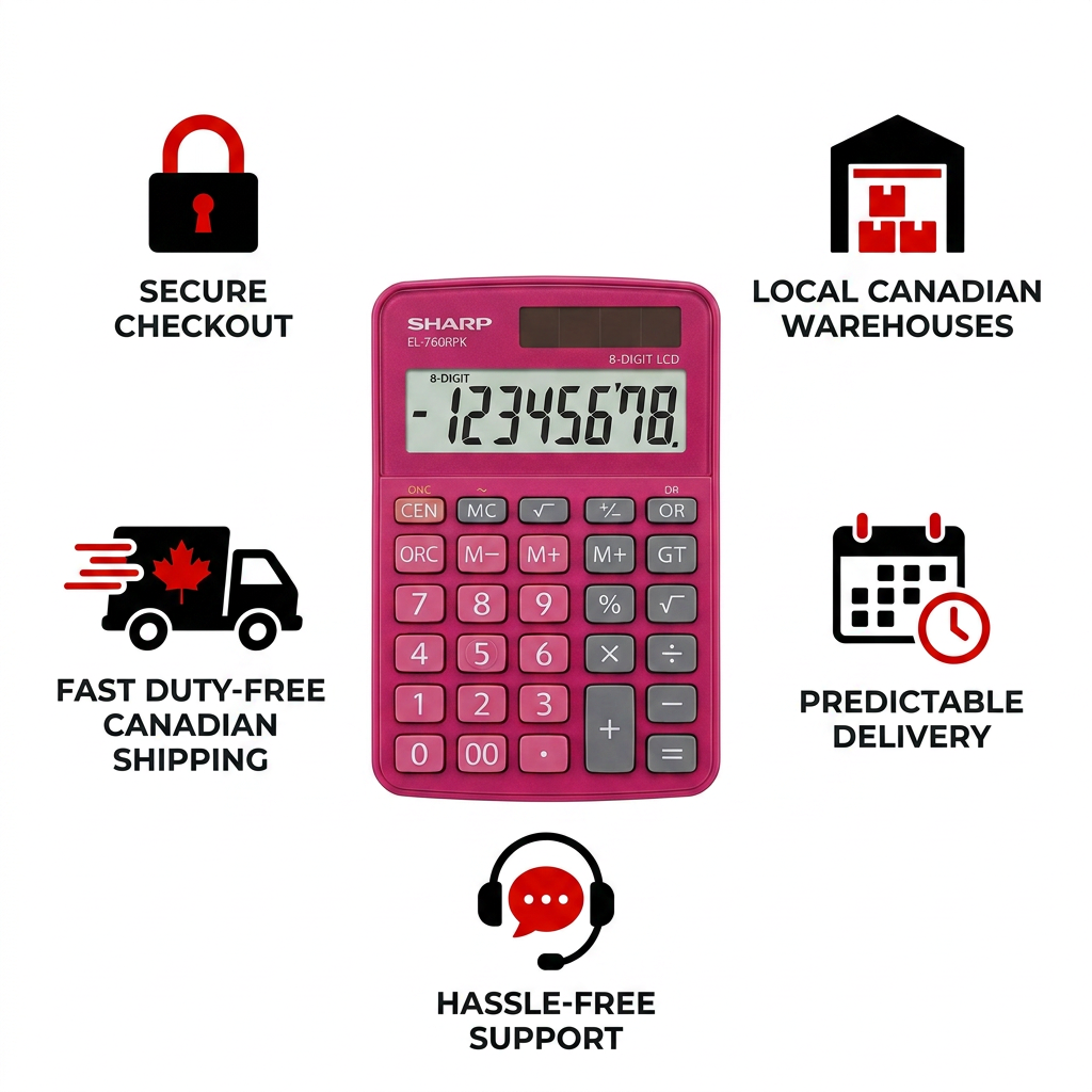 A PDP trust infographic for the raspberry pink SHARP EL-760RPK calculator. The central product is surrounded by five simple icons with red accents and black text: 'SECURE CHECKOUT', 'LOCAL CANADIAN WAREHOUSES', 'FAST DUTY-FREE CANADIAN SHIPPING' with a maple leaf, 'PREDICTABLE DELIVERY', and 'HASSLE-FREE SUPPORT'. The background is white.