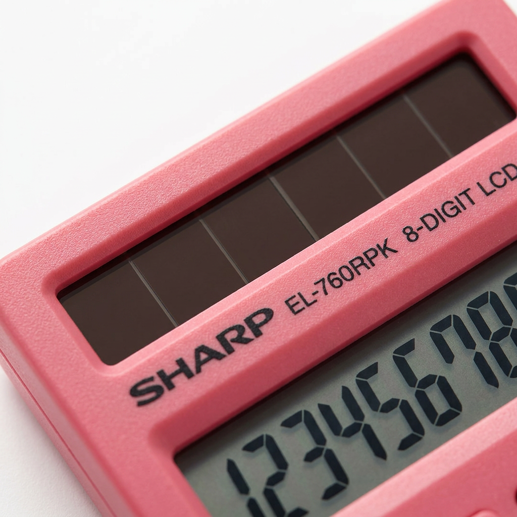 Examples of the detailed texture and construction of the Sharp EL-760RPK calculator, highlighting the solar panel and LCD screen.