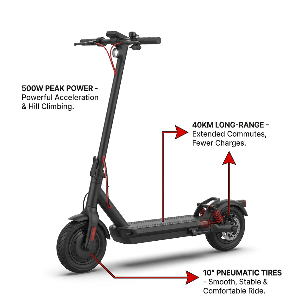 e-commerce feature callout graphic for SHARP Canada Sharp S10 (EM-KS2) electric scooter. The black scooter is shown with three red pointer lines highlighting key features: 500W Peak Power, 40km Long-Range, and 10" Pneumatic Tires, each with a short benefit statement.