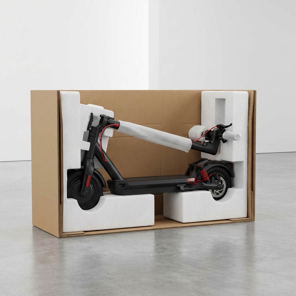 A premium unboxing shot of the black SHARP S10 electric scooter, securely nested in protective foam inside a robust brown cardboard shipping box. The scooter is folded, with its handlebar wrapped in foam.