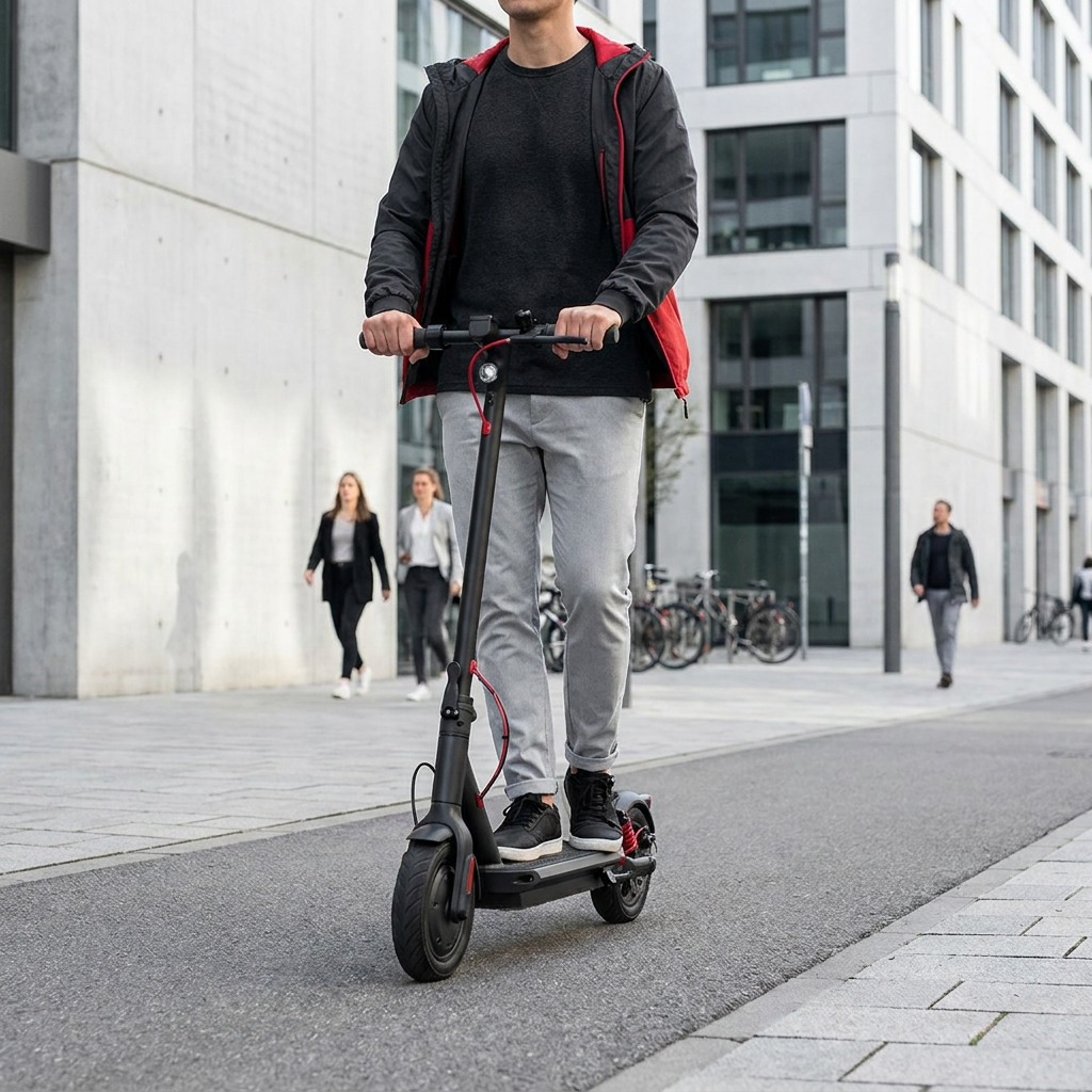 A man with a red-accented jacket rides the Sharp S10 electric scooter on a city sidewalk.