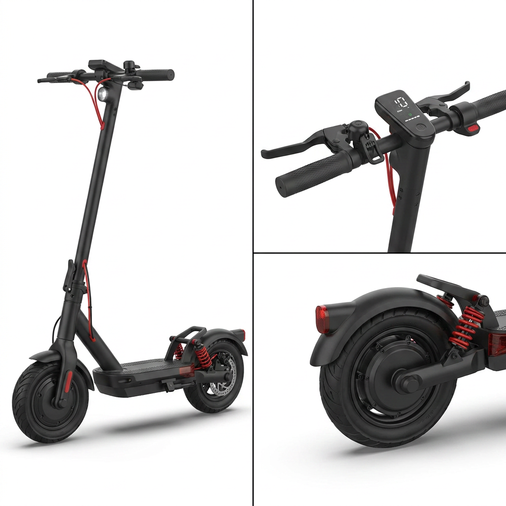 A three-panel grid showing the black and red SHARP Canada Sharp S10 Electric Scooter from multiple angles against a white studio background.