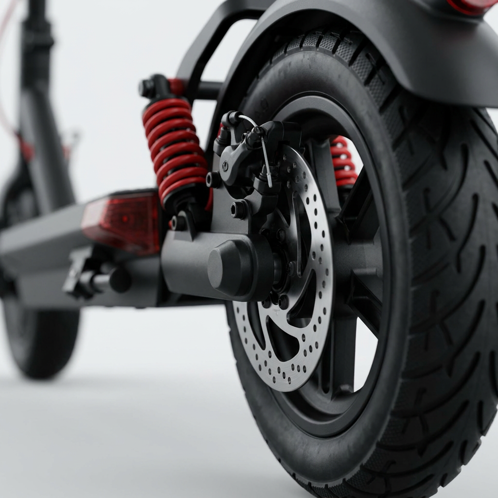 A detailed macro inspection of the rear wheel and red suspension springs of the Sharp S10 electric scooter, highlighting its disc brake and tire tread.