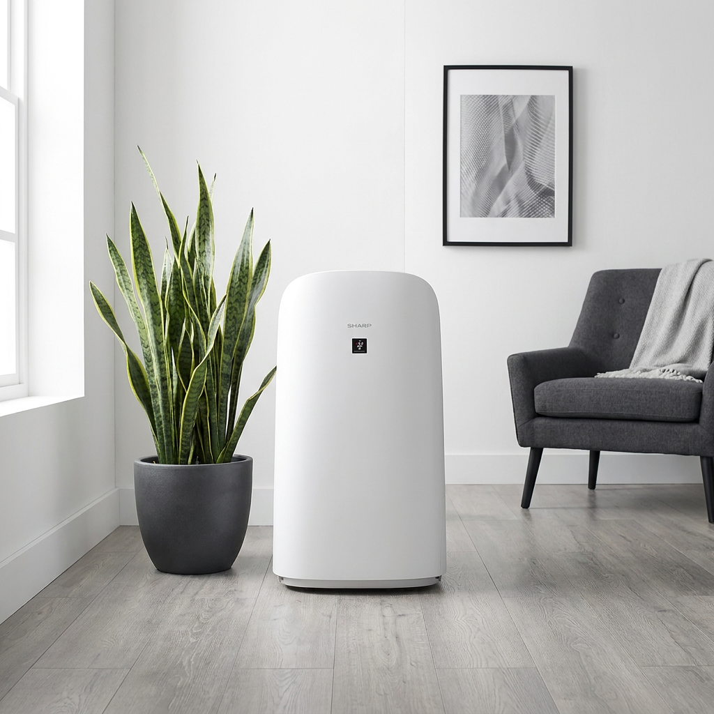 A clean, modern shot of the white SHARP KCP110CW air purifier in a living room setting, placed next to a large potted snake plant and a grey armchair to show its height and scale.