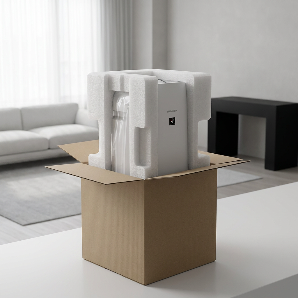 A SHARP KCP110CW air purifier, still in its plastic wrap and white foam packaging, is partially removed from a sturdy brown cardboard shipping box. The box is on a white counter in a minimalist living room, filled with natural light.