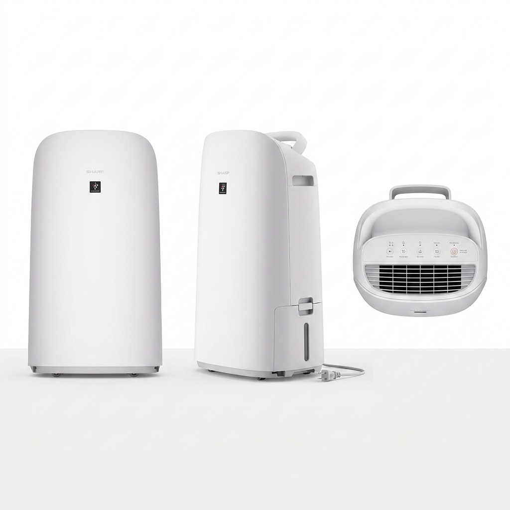 A three-panel PDP matrix view of the Sharp KCP110CW air purifier, showing the front, side profile, and top control panel against a clean, light gray background.