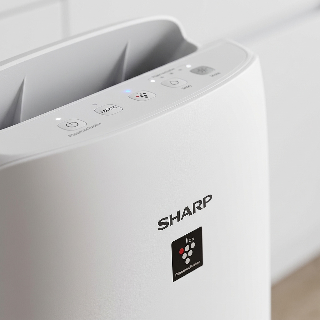 Close-up view of the top button panel and Sharp Plasmacluster logo on the white KCP110CW air purifier, highlighting the premium texture and illuminated controls.