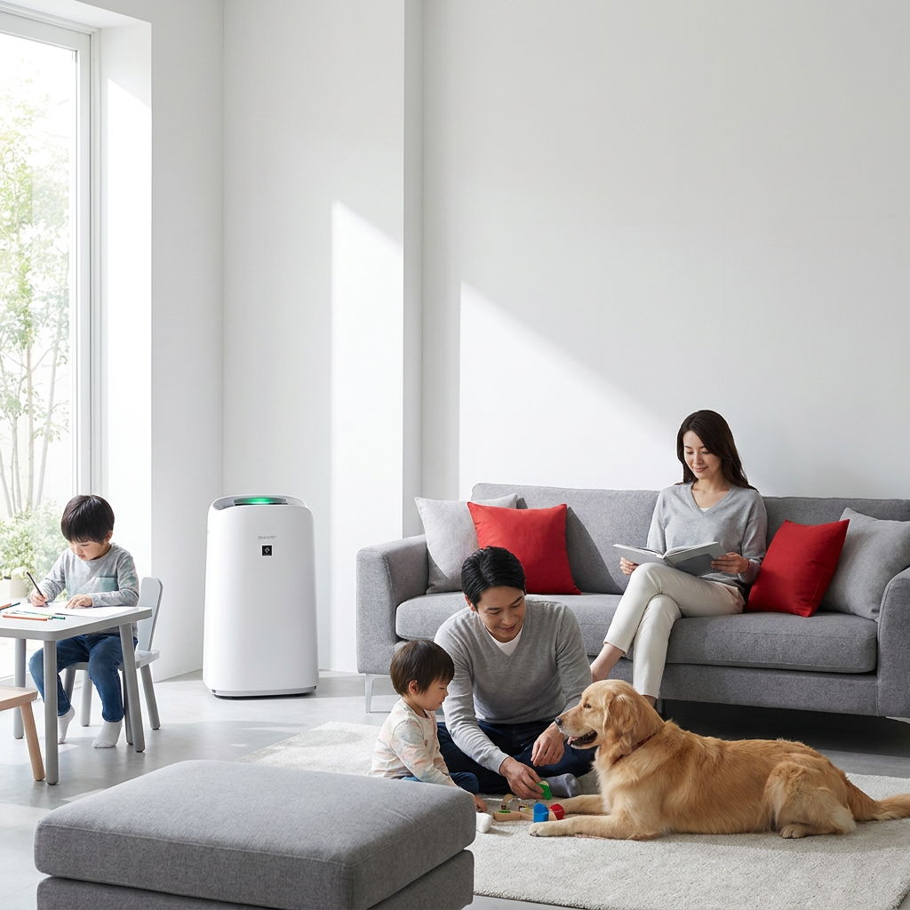 A lifestyle photograph of a family in a modern, naturally lit living room, with the SHARP KCP110CW air purifier operating in the corner. The room features white walls, grey furniture, and accent red pillows, aligning with the brand palette.