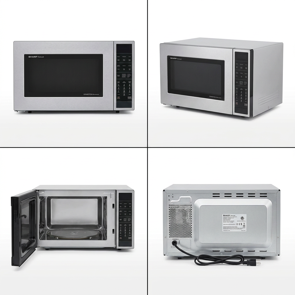 A 2x2 grid image showing four different views of the stainless steel Sharp SMC1585KS microwave oven.