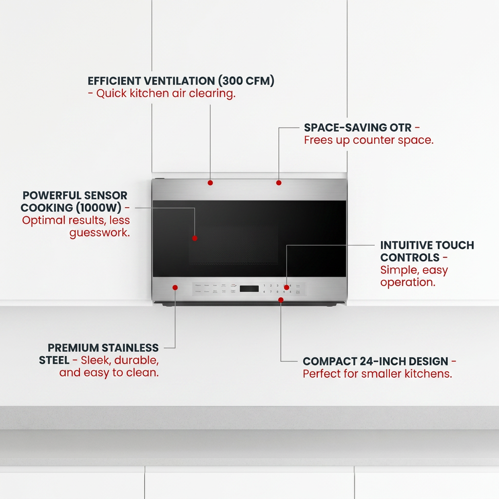 A polished ecommerce feature graphic for the Sharp SMO1461GS Over-the-Range microwave, presented in a minimalist white kitchen setting. Clean red pointer lines and text call out six key features and their benefits: Efficient Ventilation, Space-Saving OTR, Powerful Sensor Cooking, Intuitive Touch Controls, Premium Stainless Steel, and Compact 24-Inch Design. The aesthetic adheres to the Sharp brand guide.