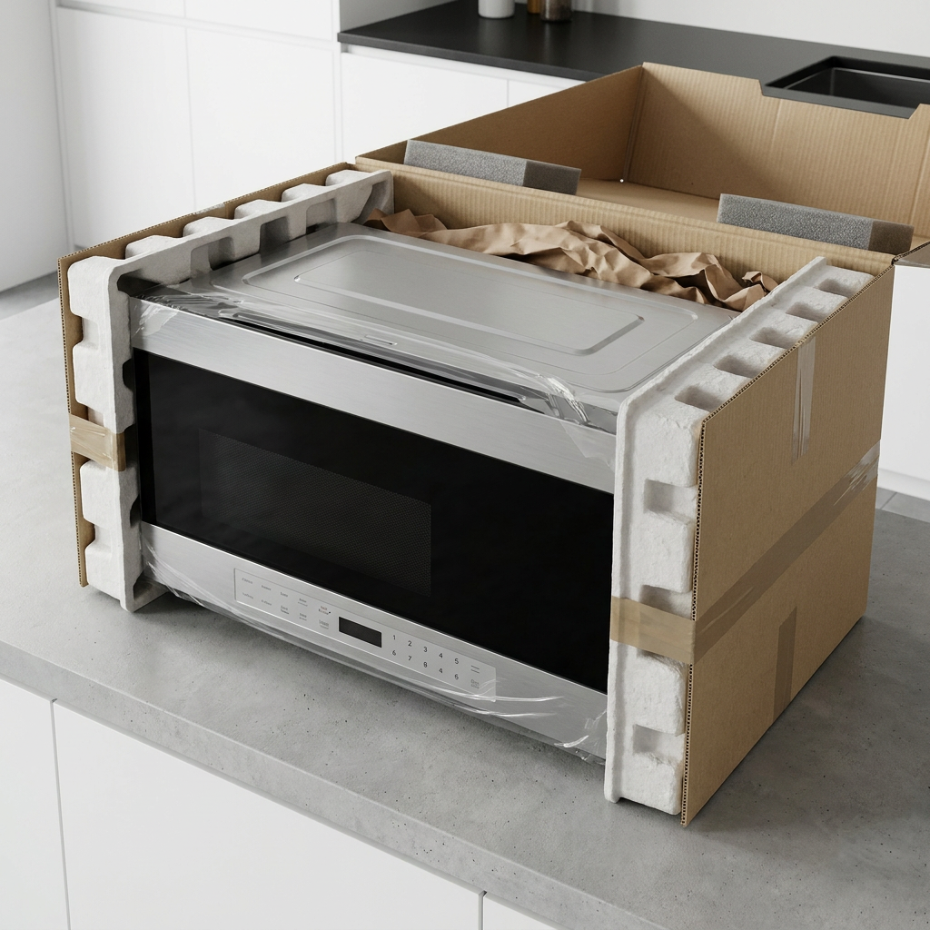 A premium unboxing scene showing the Sharp SMO1461GS Over-the-Range Microwave. The stainless steel unit is encased in custom foam and cardboard, resting on a modern concrete kitchen counter. The high-quality packaging instills confidence in safe delivery.