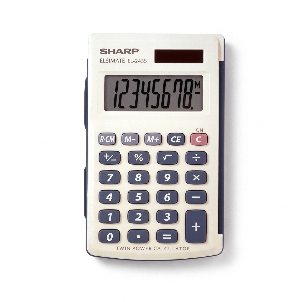 A high-resolution PDP hero image of the Sharp EL243S 8-digit calculator, featuring a centered shot of the product on a pure white background with a clean shadow. The beige and blue-grey twin power calculator is accurately rendered with all original markings.