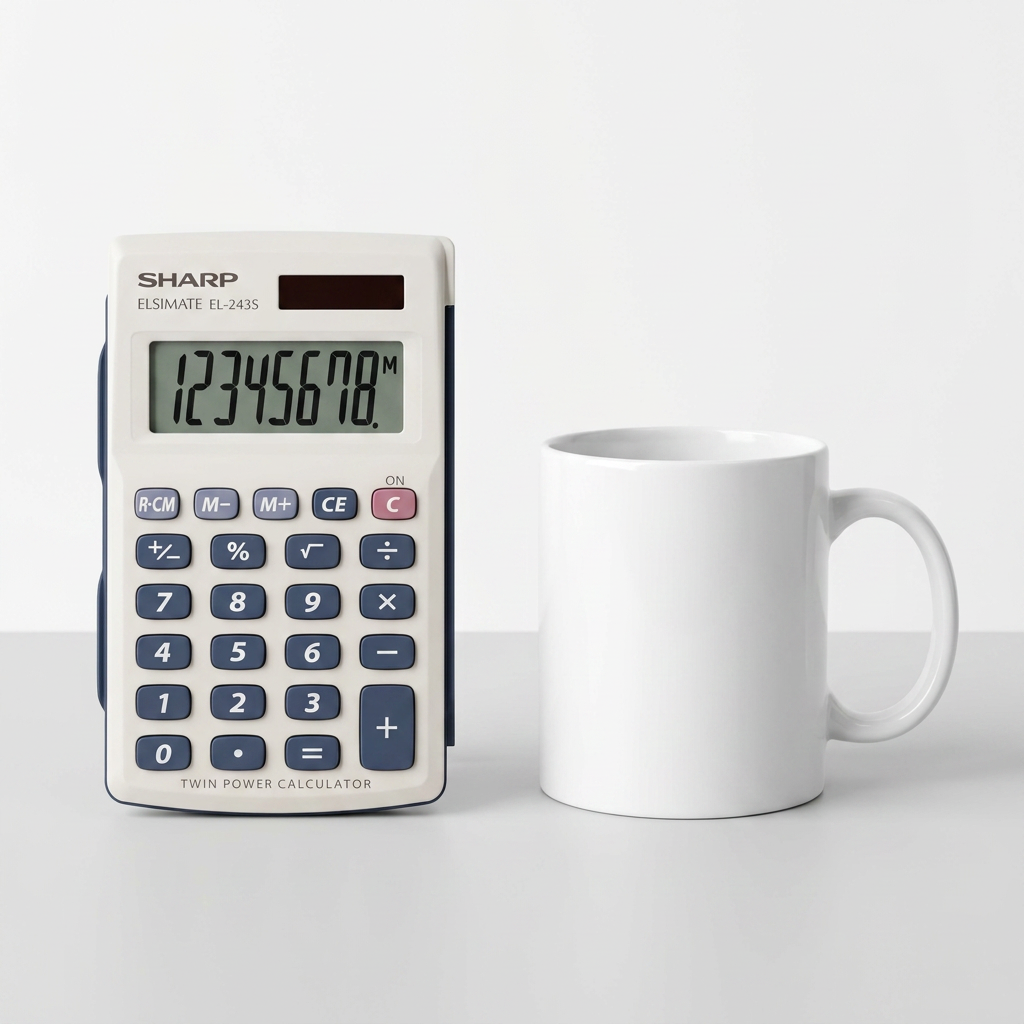 A SHARP EL243S 8-Digit Hand-held Calculator, alongside a standard white ceramic coffee mug for scale on a neutral surface.