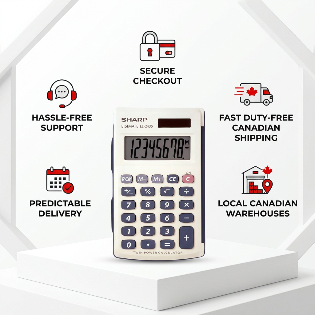 A product infographic features the Sharp EL243S calculator on a white podium. It is surrounded by five icons with text: "SECURE CHECKOUT" (padlock/card), "FAST DUTY-FREE CANADIAN SHIPPING" (truck/maple leaf), "LOCAL CANADIAN WAREHOUSES" (warehouse/maple leaf), "PREDICTABLE DELIVERY" (calendar/checkmark), and "HASSLE-FREE SUPPORT" (headset/speech bubble). The background is a clean white geometric design with red accents on the icons.