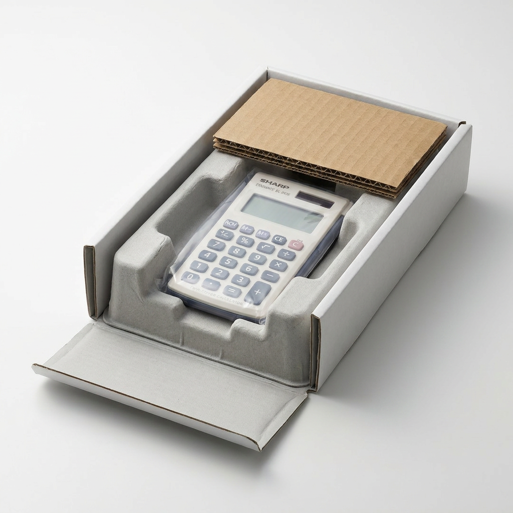 The SHARP EL243S calculator, as shown in image_0.png, is depicted in a premium unboxing scene. It is securely nested in a custom molded pulp tray within a plain white cardboard box, covered by an anti-static bag and protective cardboard, ensuring safe delivery.