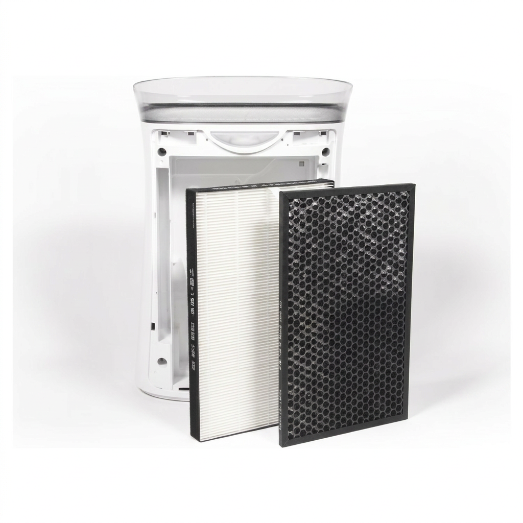 Sharp FZK50HFU replacement filter kit for FPK50UW, including HEPA filter, carbon filter, and air purifier unit, on a white background.