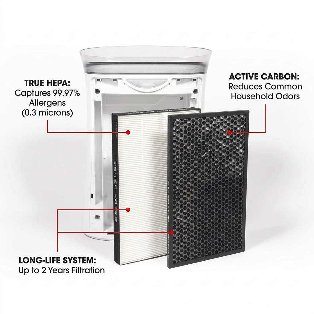 A feature graphic for the Sharp FZK50HFU filter kit, using red pointers to highlight the True HEPA filter for 99.97% allergen capture, the active carbon filter for odor reduction, and the 2-year long-life system, all on a clean white background.