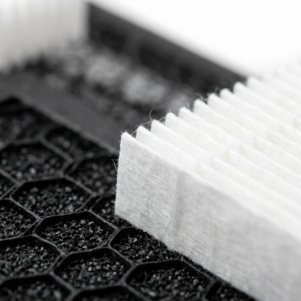 An extreme close-up view of the SHARP air filter, focusing on the detailed textures of the white HEPA pleats and the black activated carbon honeycomb mesh.