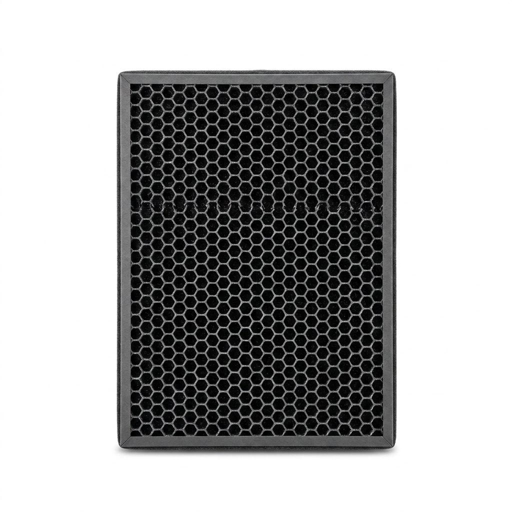 A high-resolution, centered photograph of the black SHARP FZK50DFU active carbon deodorizing filter with its honeycomb structure, against a seamless pure white background.