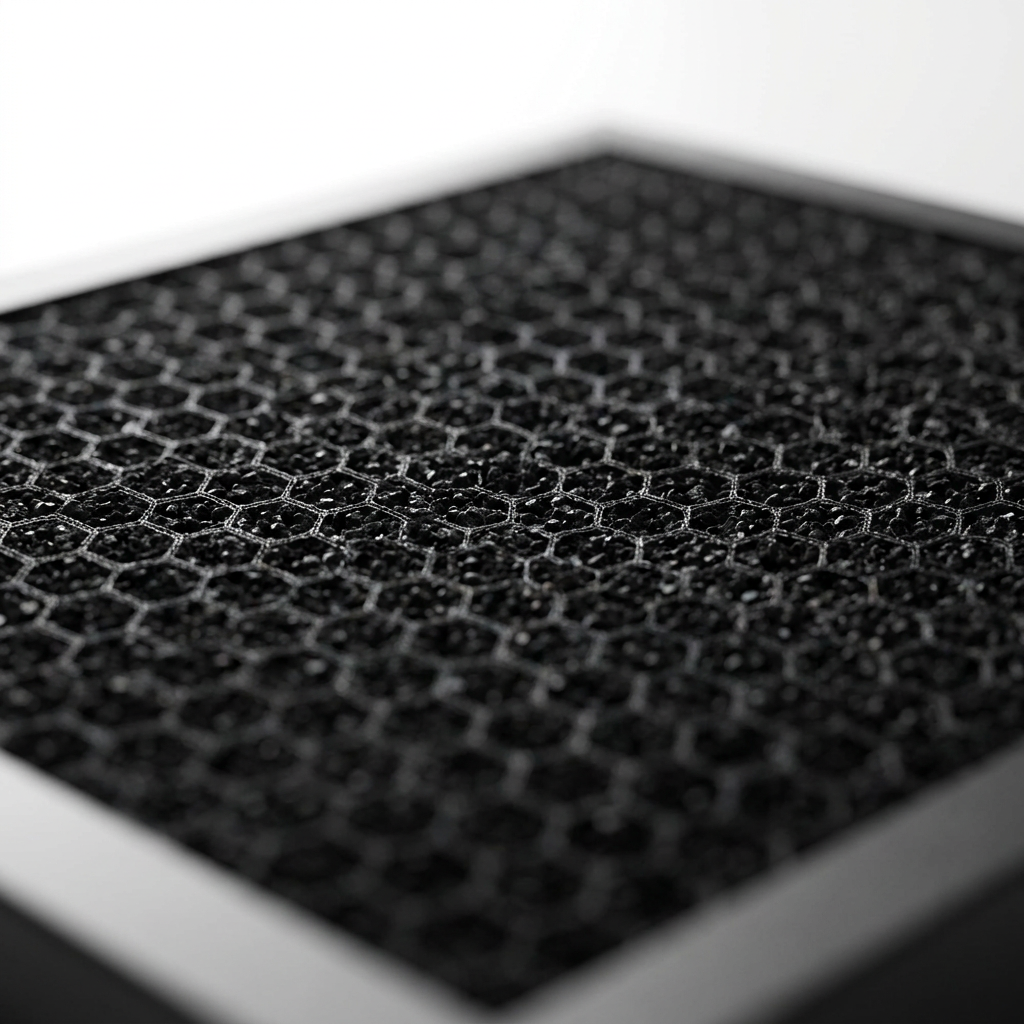 A close-up photograph of the Sharp FZK50DFU replacement activated carbon filter, showing its black honeycomb structure and granular carbon texture in macro detail against a clean, white background.