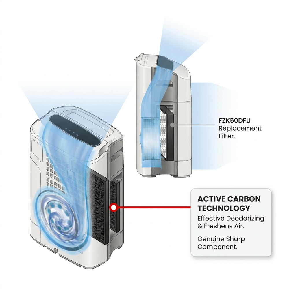 A feature graphic illustrates the Active Carbon Technology of the Sharp FZK50DFU replacement filter. A pointer highlights the filter within the air purifier unit, with the callout text: "ACTIVE CARBON TECHNOLOGY. Effective Deodorizing & Freshens Air. Genuine Sharp Component."