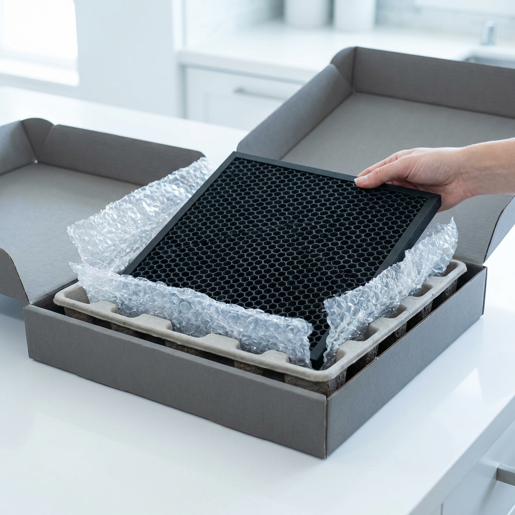 A hand unboxes the SHARP FZK50DFU filter from premium, protective packaging with bubble wrap and a molded pulp tray, showing safe delivery.