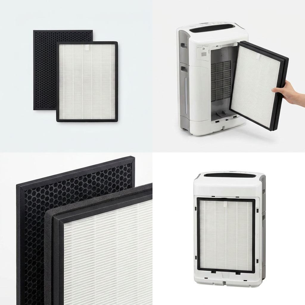 A four-panel visual matrix showing the Sharp FZK50DFU replacement filter kit. Top left: The full kit. Top right: A hand inserting the filter into the FPK50UW air purifier. Bottom left: A close-up of the dual-layer filter. Bottom right: The air purifier with the new filter installed.