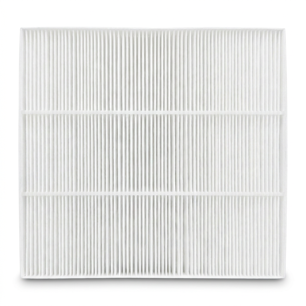 A high-resolution hero shot of the white pleated Sharp FZA28HFU HEPA replacement filter.