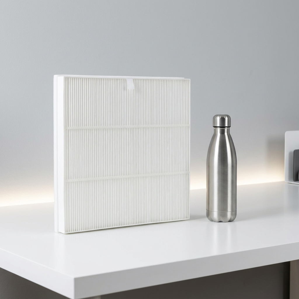 A PDP visual matrix image showing the Sharp FZA28HFU HEPA filter in a modern office setting next to a standard water bottle to give customers a clear sense of its scale.