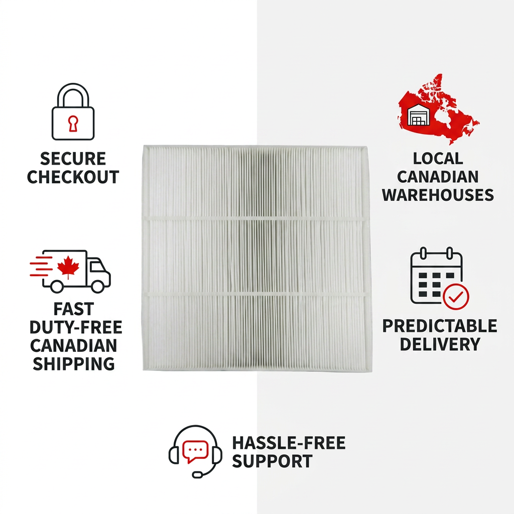 An infographic showing the SHARP FZA28HFU HEPA Filter with five symbols highlighting trust and service: secure checkout, local Canadian warehouses, fast duty-free Canadian shipping, predictable delivery, and hassle-free support.