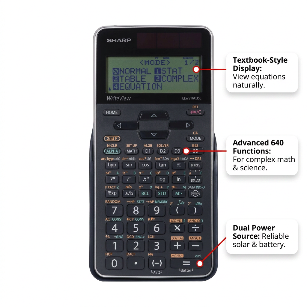 A polished ecommerce feature graphic on a clean white background highlights three key features of the Sharp ELW516XGBSL scientific calculator using red pointer lines and succinct white labels with dark text: Textbook-Style Display, Advanced 640 Functions, and Dual Power Source.