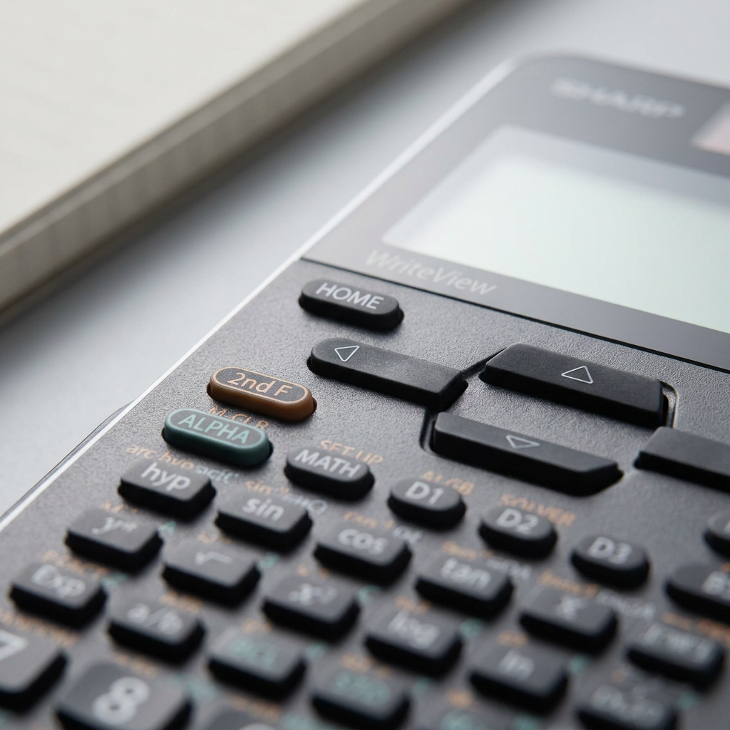 Close-up shot of the Sharp ELW516XGBSL calculator buttons, focusing on the texture and labels for HOME and 2ndF.