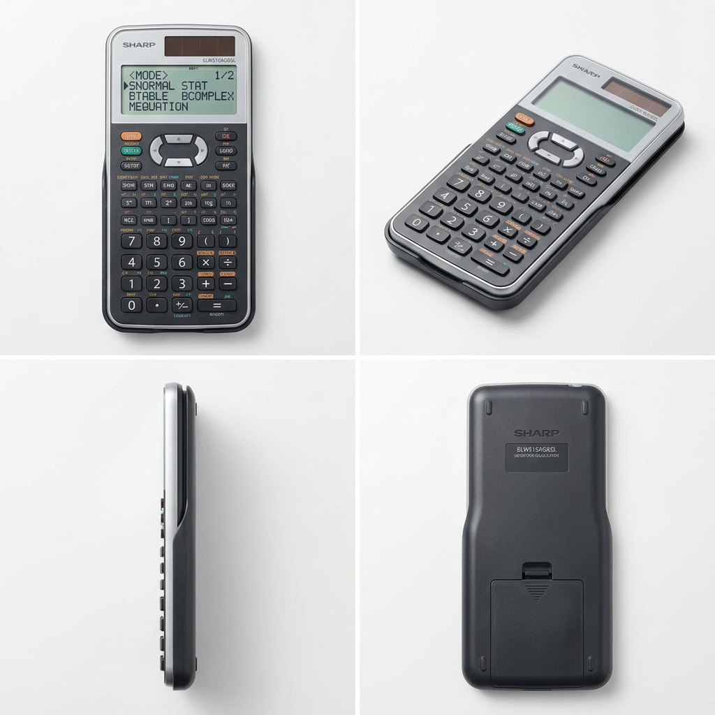 A four-panel grid matrix showcasing the SHARP ELW516XGBSL scientific calculator from front, angled, side, and back views against a clean white and light gray background, adhering to the Shopify brand guide.