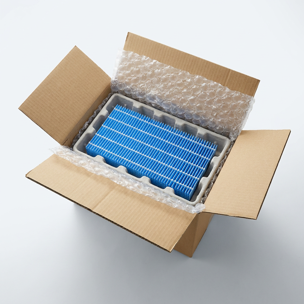 A top-down studio photograph looking into an open cardboard shipping box. The blue SHARP FZP11MFU humidifying filter is securely nestled in a molded gray pulp tray, surrounded by bubble wrap, demonstrating secure packaging for safe delivery. The background is pure white.