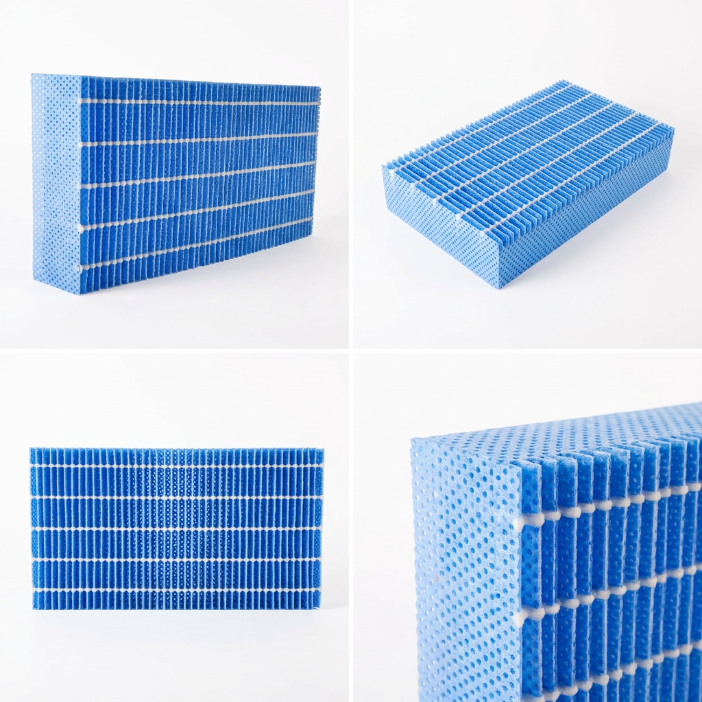 A 2x2 grid matrix showing the SHARP FZP11MFU humidifying filter from four different angles against a pure white background. From left to right, top to bottom: a three-quarter view, an overhead perspective, a direct front view, and a detailed close-up of the blue mesh corner.
