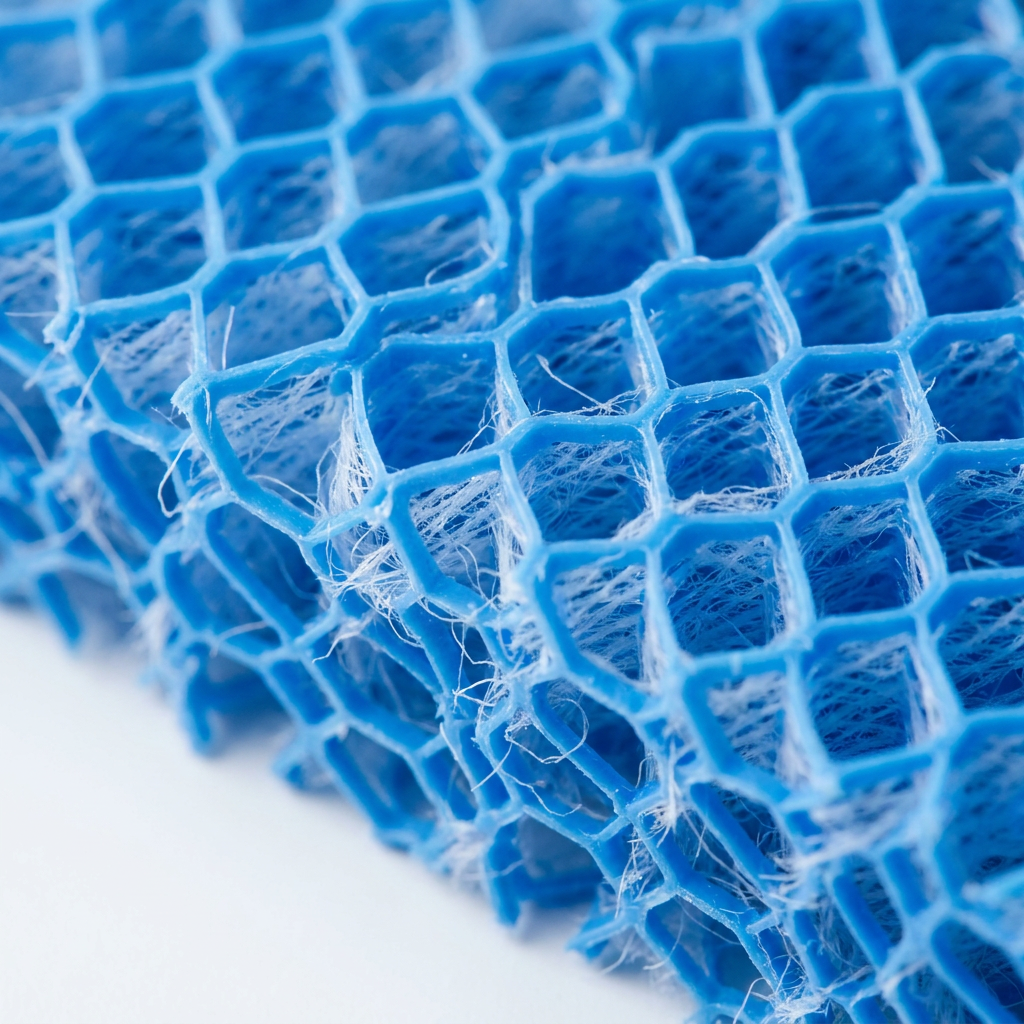 Extreme close-up view of the blue honeycomb grid and fibrous wicking material of the Sharp humidifying filter.