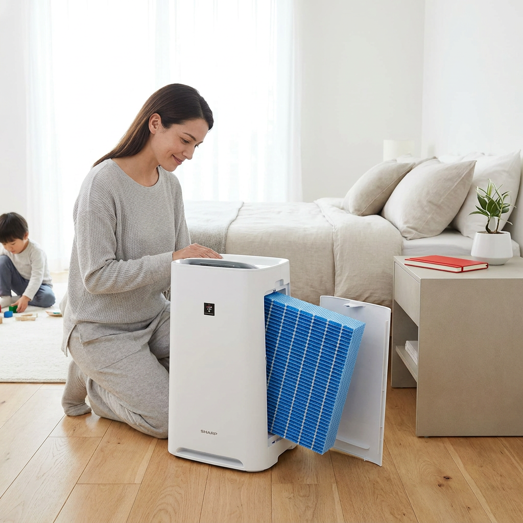 In a sunlit, minimalist bedroom, a woman in grey clothing kneels by a Sharp humidifying air purifier, placing the blue Sharp FZP11MFU replacement filter into its side panel. A child plays safely in the background, and a red notebook accents a bedside table.