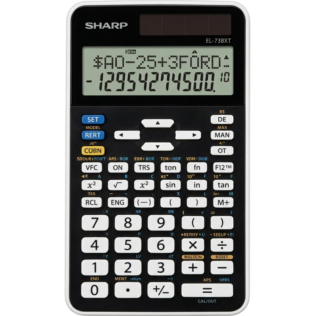 A pure high-resolution hero shot of the Sharp EL738XT Financial Calculator with a centered white background and clean lighting.