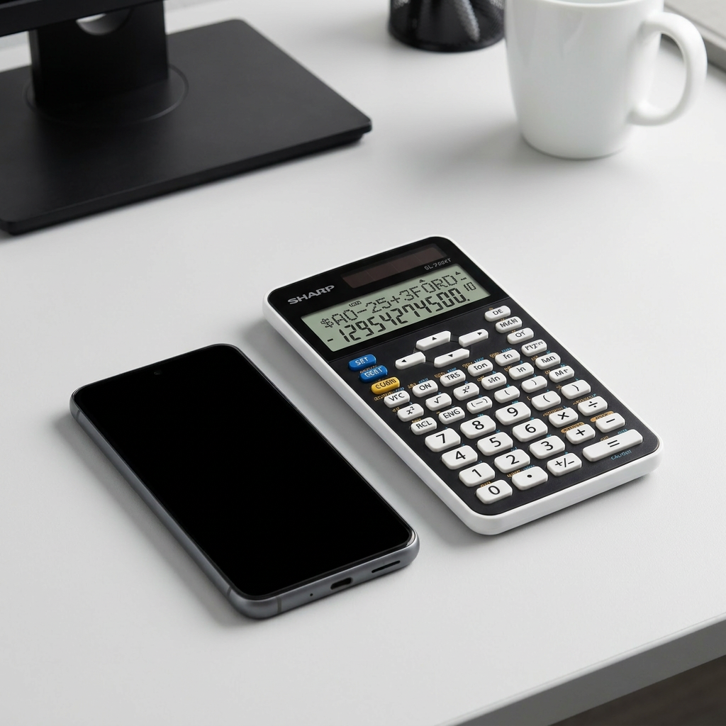 A Sharp EL738XT financial calculator is placed next to a smartphone on a modern white desk, showing its scale.
