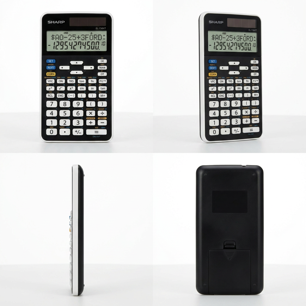 A four-panel grid image showing the Sharp EL738XT Financial Calculator from front, angled, side, and rear views on a white and gray background.