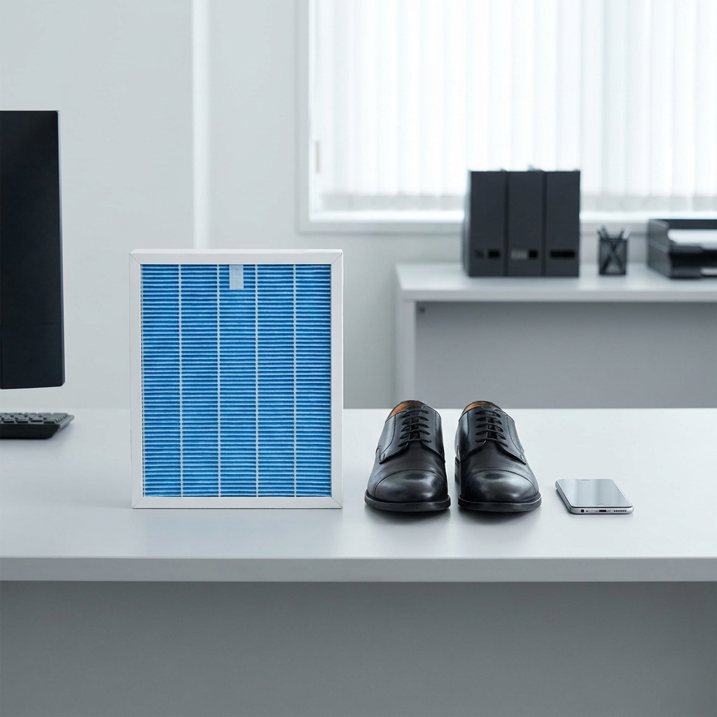 A product photo shows the Sharp FZC100MFU humidifying filter, a white-framed blue filter, standing on a desk next to a pair of black men's dress shoes and a smartphone to provide scale. The background is a modern, minimalist office with a window and office supplies.