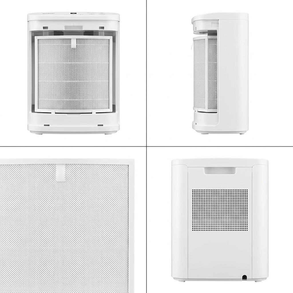 A four-panel grid image on a pure white background showing the SHARP Canada Sharp FZC100MFU Humidifying Filter. The top-left panel is a front view of the unit with the filter installed. The top-right panel shows a side profile. The bottom-left is a close-up of the filter mesh. The bottom-right panel displays the back of the unit.