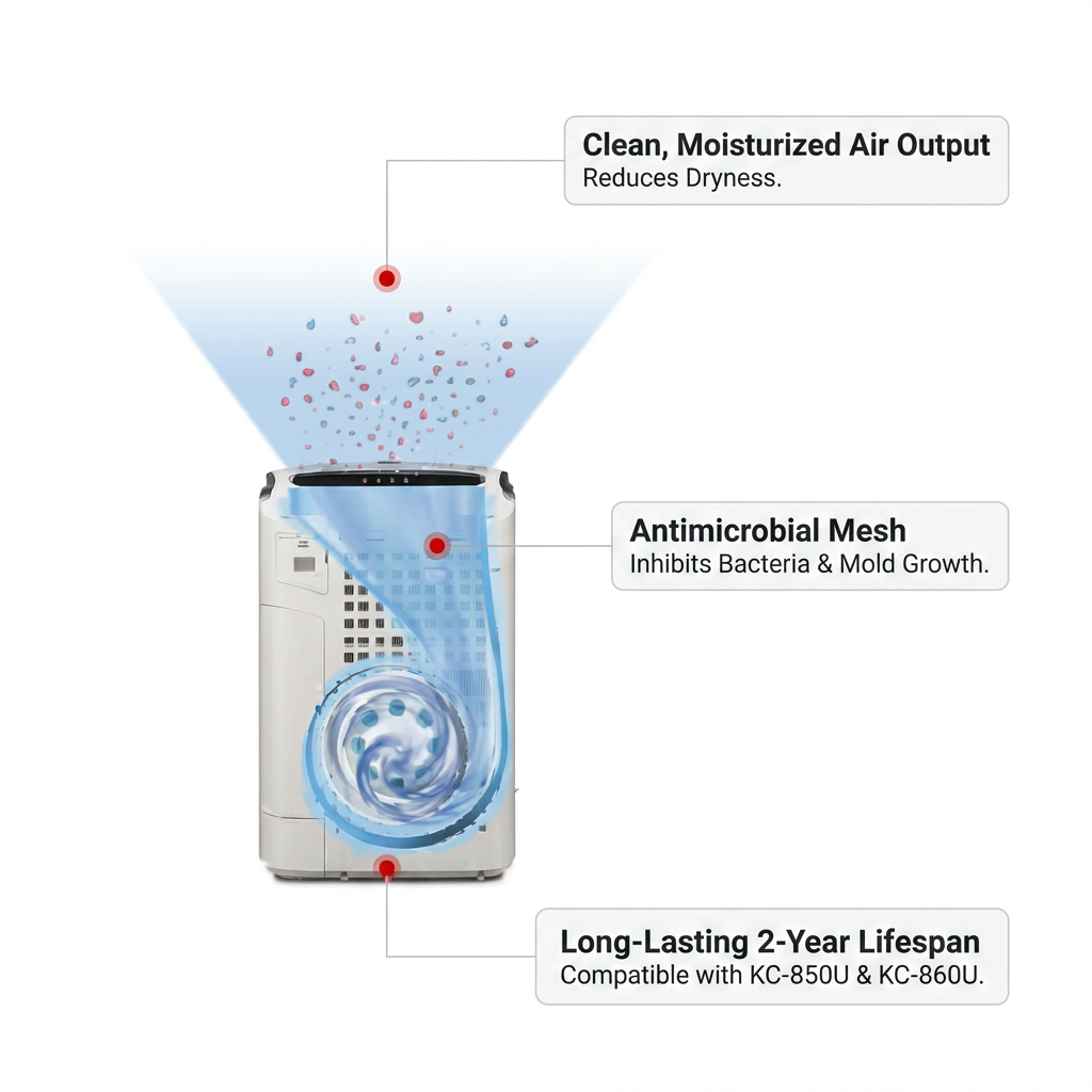 Sharp KC-series air purifier with operational feature callouts for the FZC100MFU humidifying filter. Three labels with red-tipped pointer lines highlight "Clean, Moisturized Air Output" that reduces dryness, the "Antimicrobial Mesh" that inhibits bacteria and mold growth, and the "Long-Lasting 2-Year Lifespan" compatible with KC-850U & KC-860U. The design is clean, with dark text on white labels, set against a pure white background.